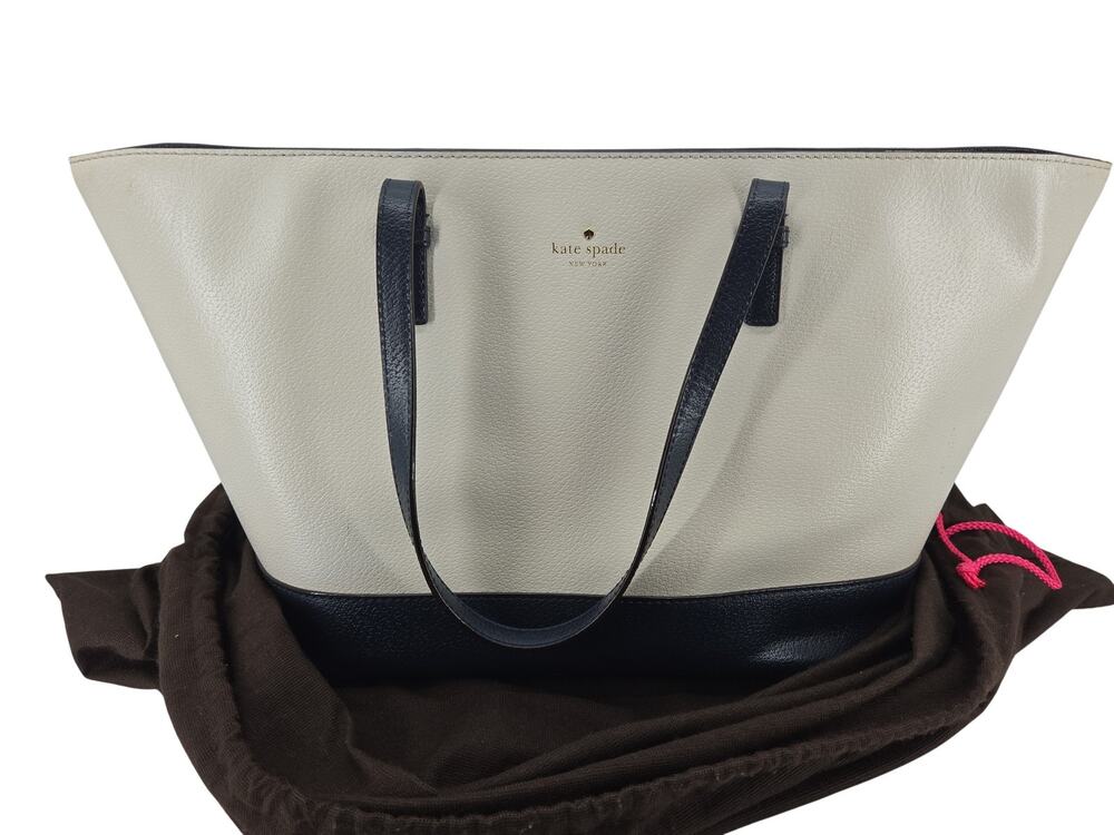 Kate Spade Tote Womens Large White Blue Leather Colorblock Zip Shoulder Bag